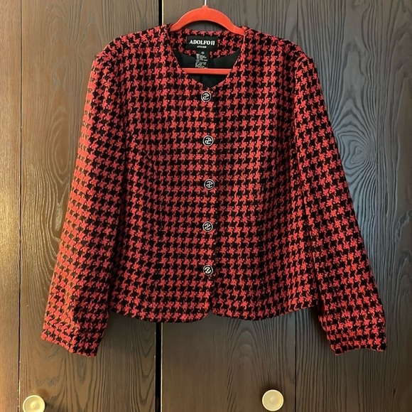 Adolfo II vintage red and black wool blend houndstooth print jacket. Size 14. - Picture 1 of 8